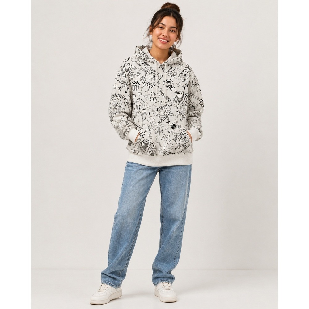 Nickelodeon Sponge Bob Squarepants Hoodie Sweatshirt Womens Large White Black